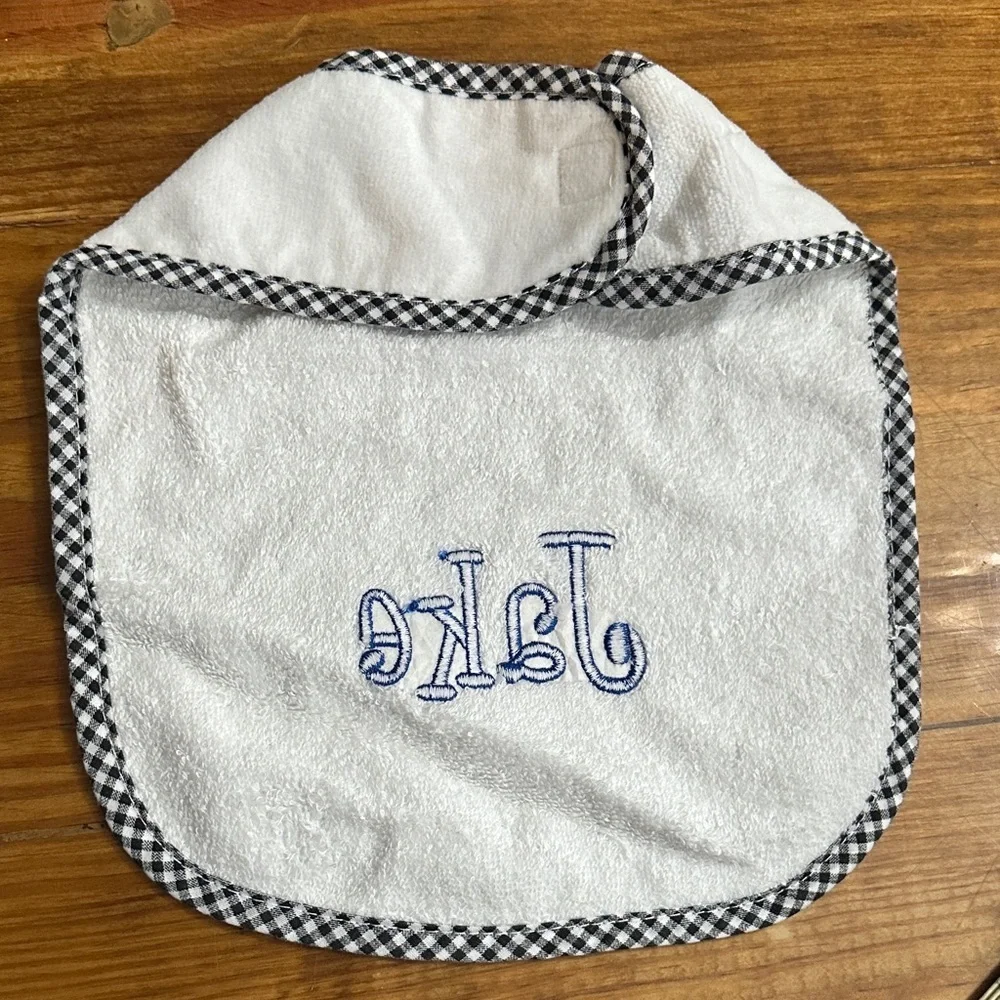 NEW “Jake” Monogrammed White Baby Bib with Blue Embroidery